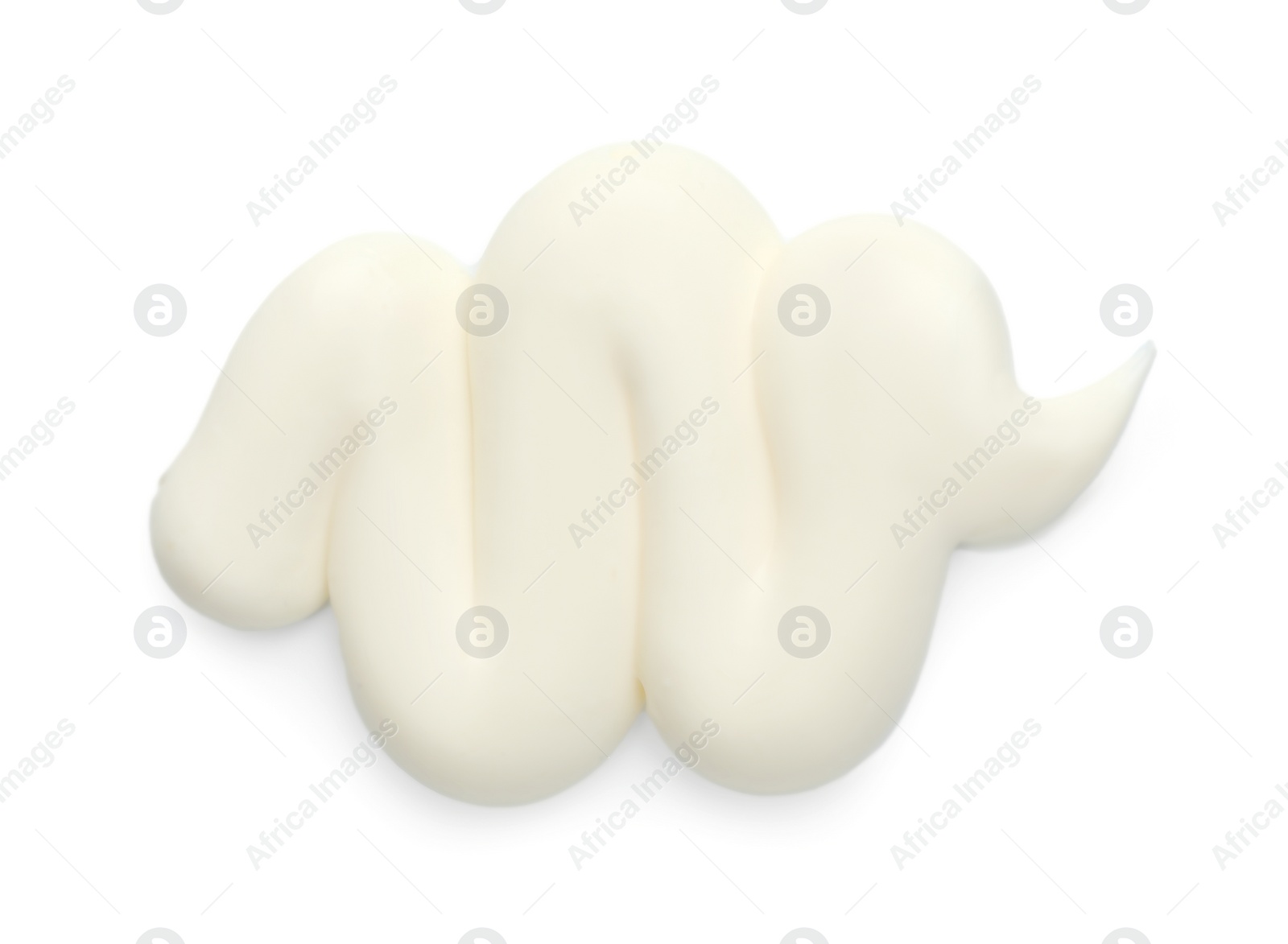 Photo of Tasty fresh mayonnaise sauce isolated on white, top view