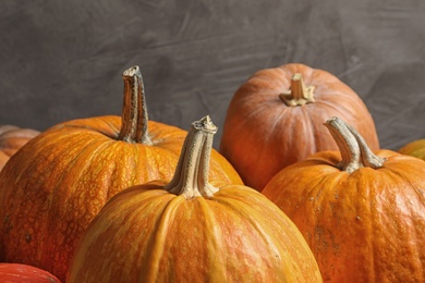 Photo of Orange pumpkins against gray background. Autumn holidays