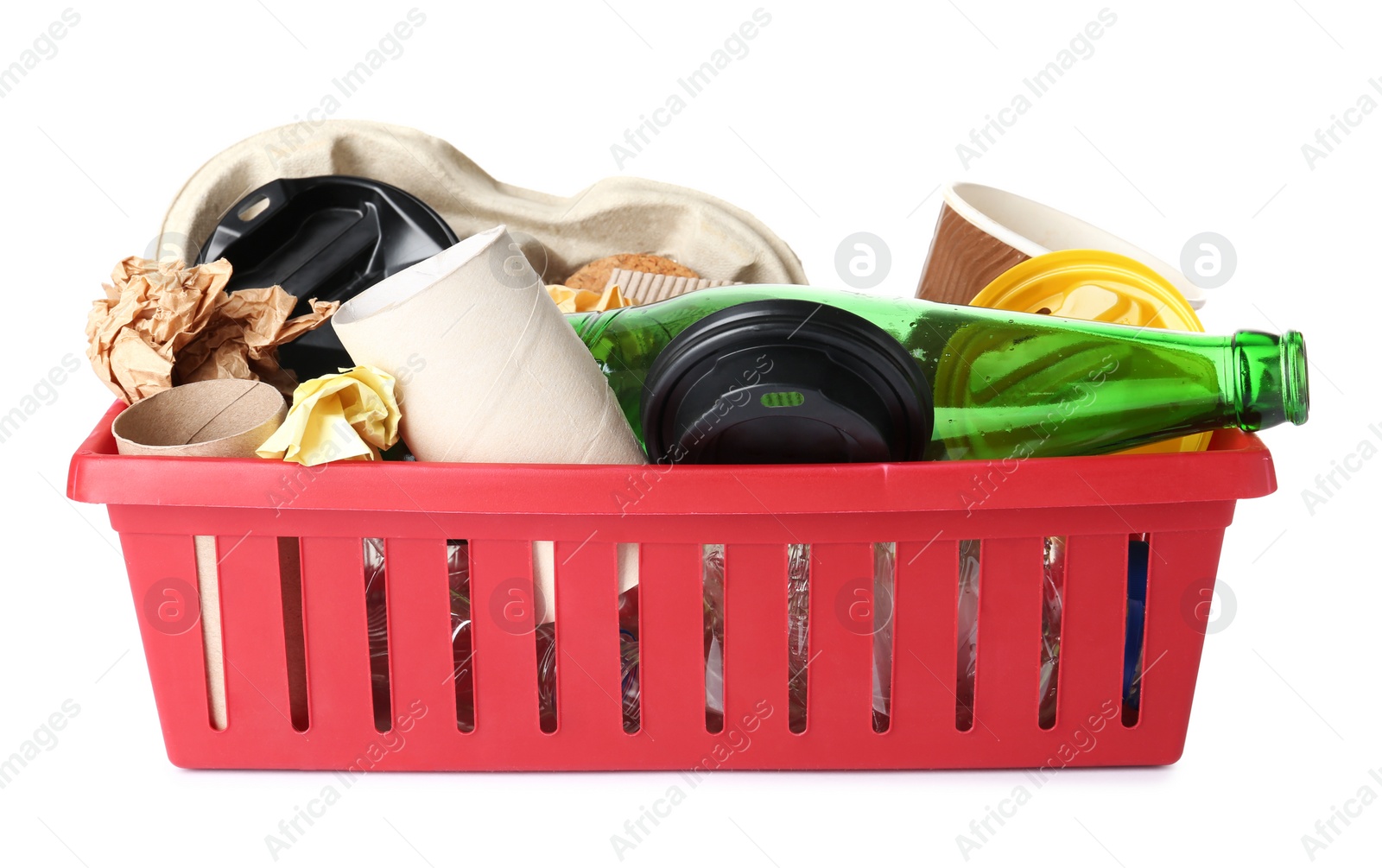 Photo of Crate with different garbage on white background. Trash recycling