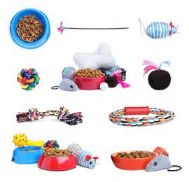 Image of Set with feeding bowls and toys for pet on white background 