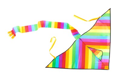 Photo of Beautiful bright rainbow kite isolated on white, top view