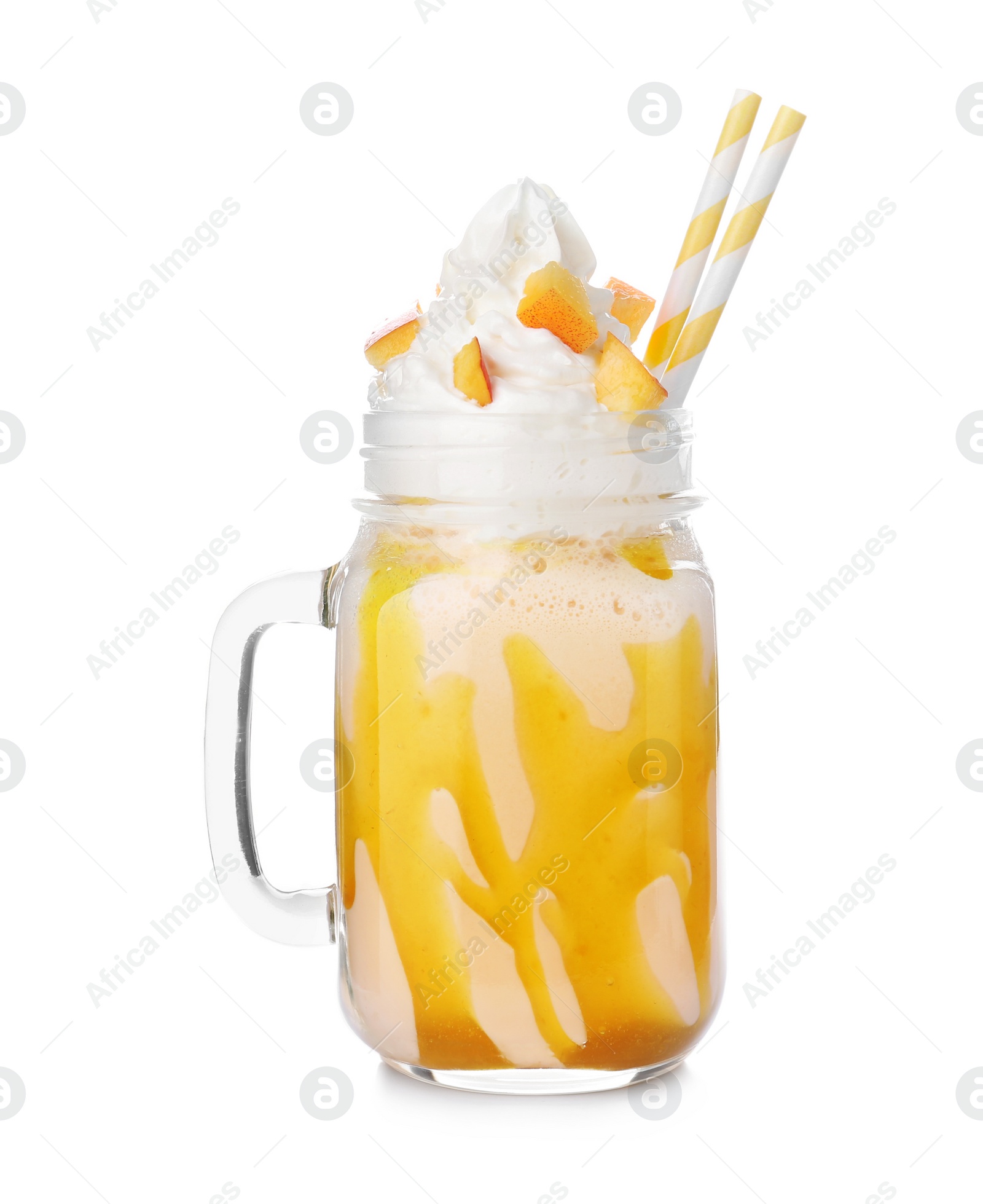 Photo of Mason jar with delicious milk shake on white background