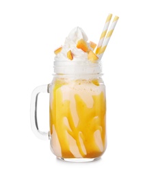 Mason jar with delicious milk shake on white background