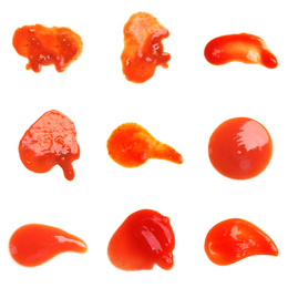 Image of Set of delicious tomato sauce on white background, top view
