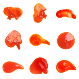 Set of delicious tomato sauce on white background, top view