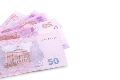 Photo of 50 Ukrainian Hryvnia banknotes on white background