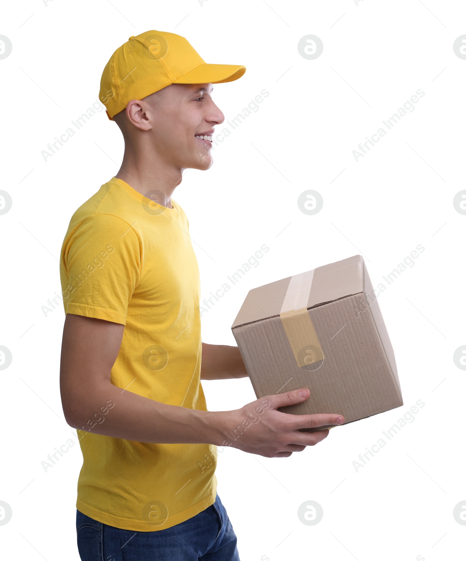 Photo of Happy courier with parcel on white background