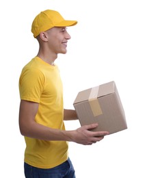 Photo of Happy courier with parcel on white background