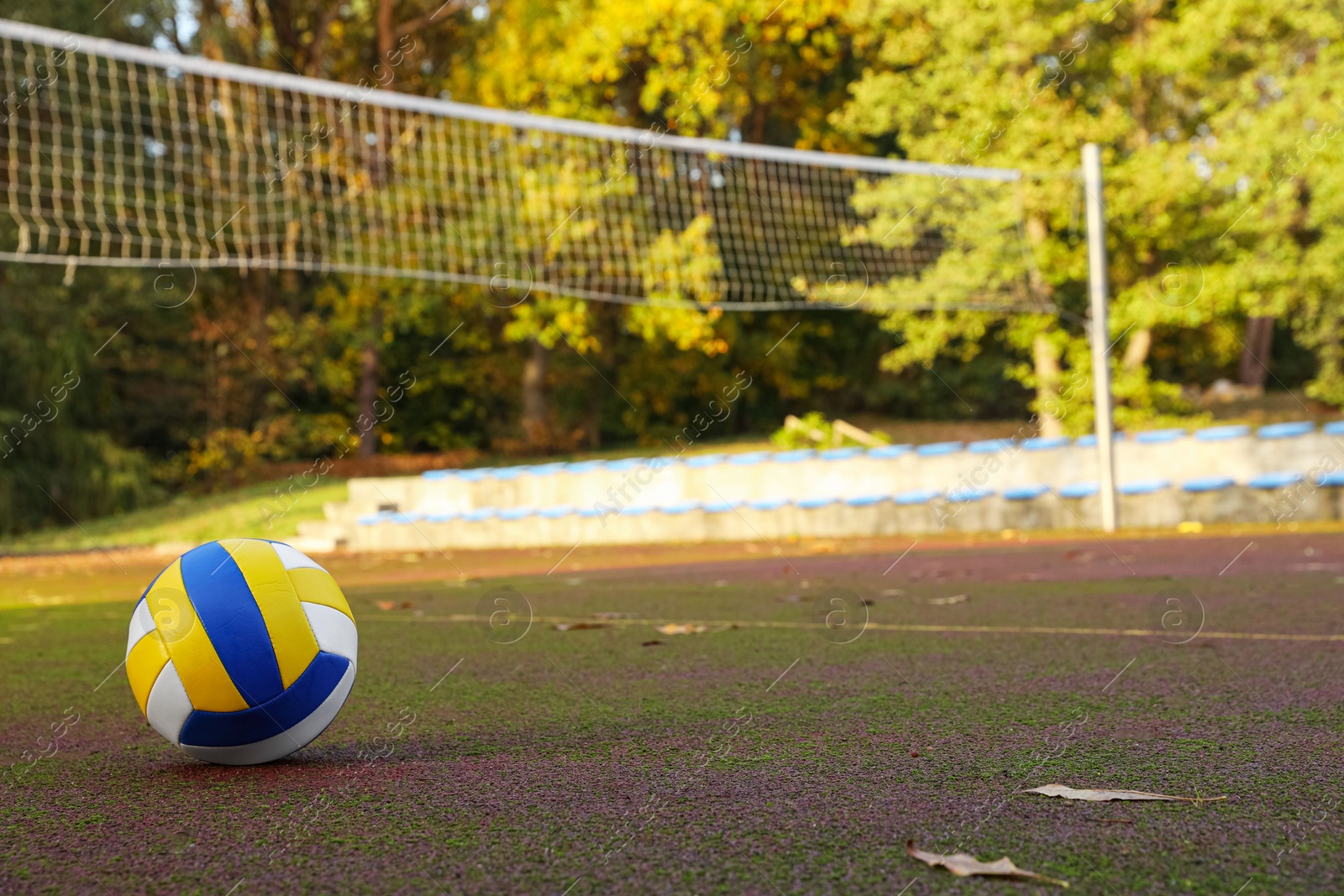 Photo of View of colorful ball on volleyball court outdoors