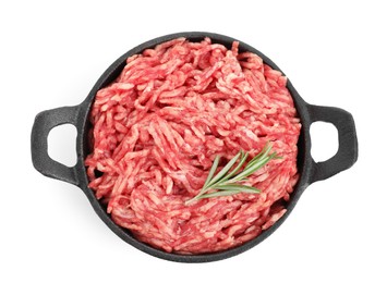 Photo of Raw ground meat and rosemary in bowl isolated on white, top view