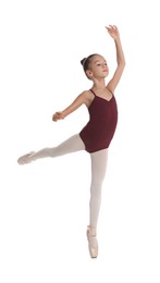 Photo of Little ballerina practicing dance moves on white background