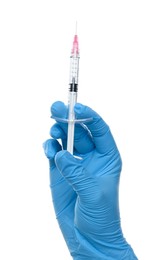 Doctor holding medical syringe on white background, closeup