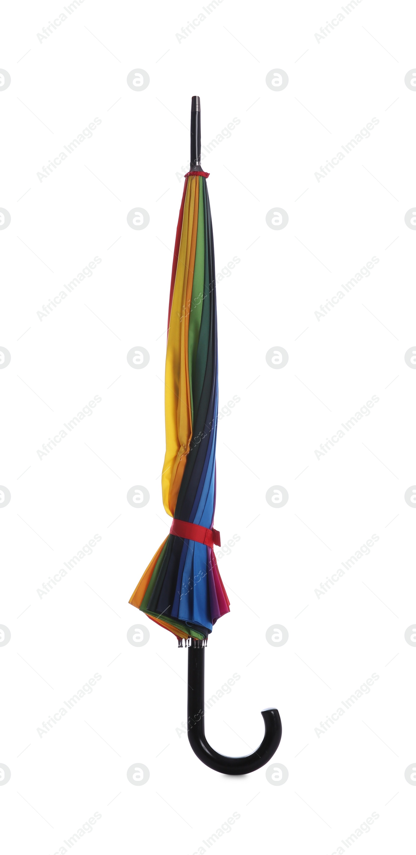 Photo of One closed colorful umbrella isolated on white