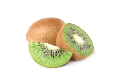 Cut and whole fresh kiwis on white background