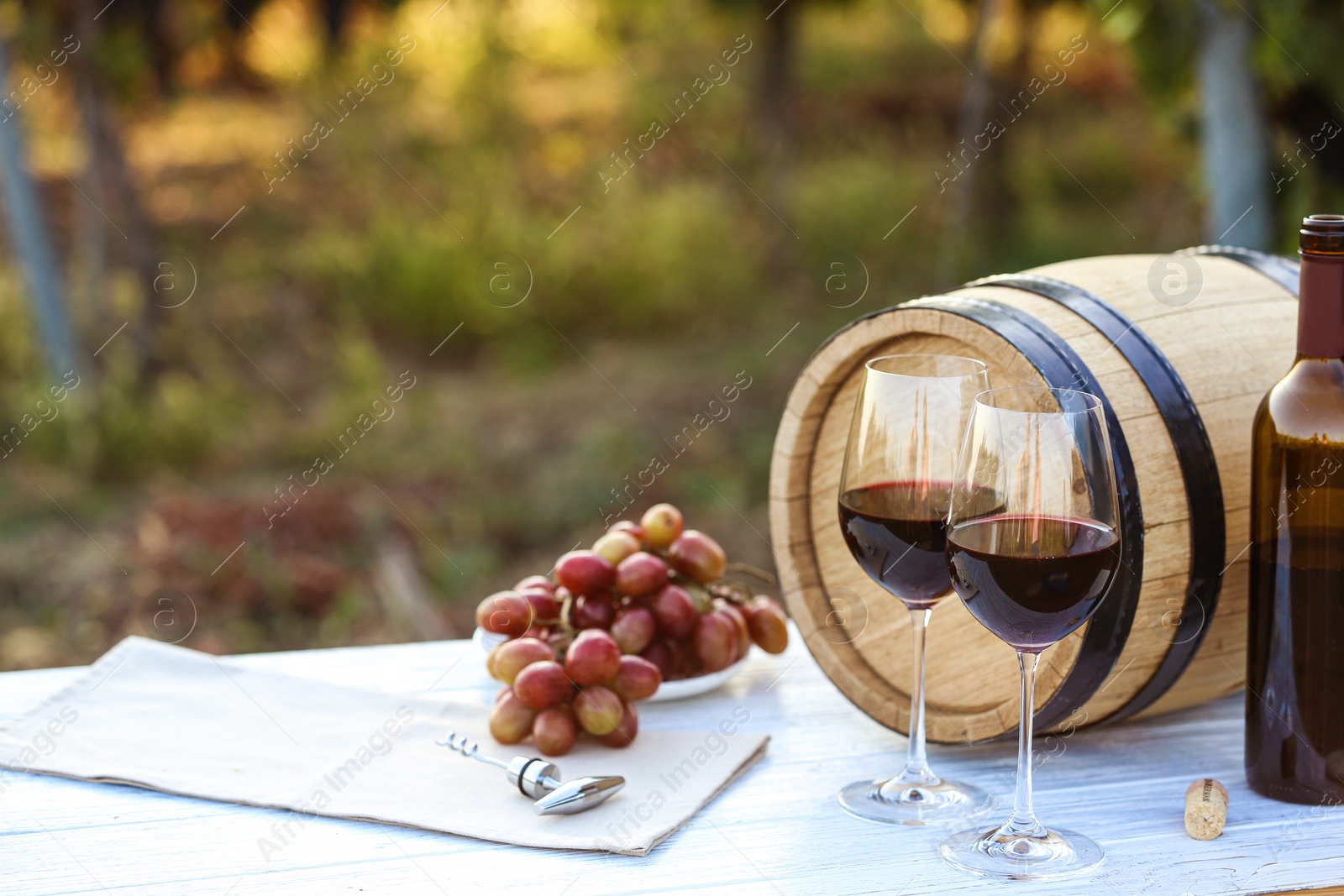 Photo of Composition with barrel of wine and snacks on table at vineyard, space for text