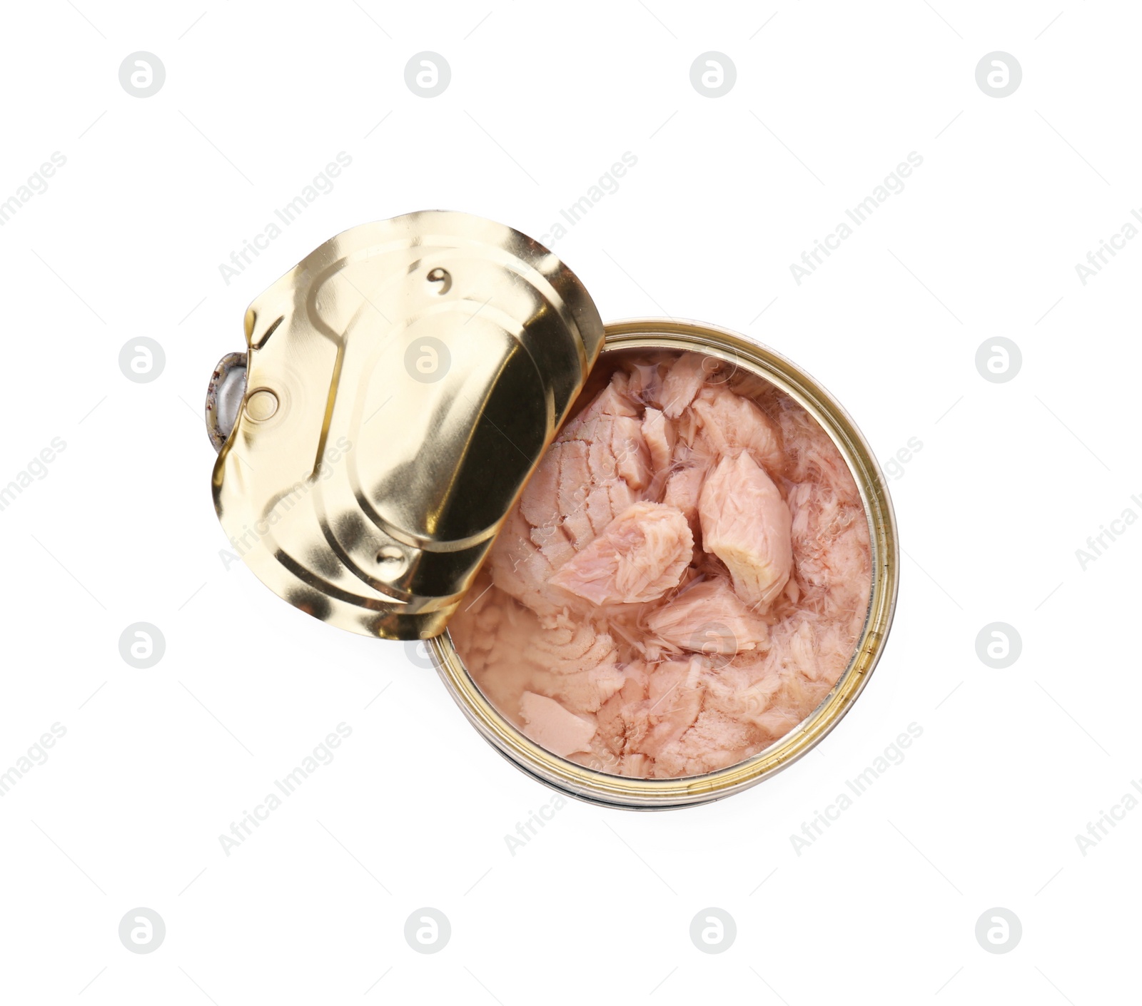 Photo of Tin can with canned tuna isolated on white, top view