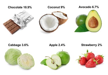 Image of Set with different products rich in fiber on white background