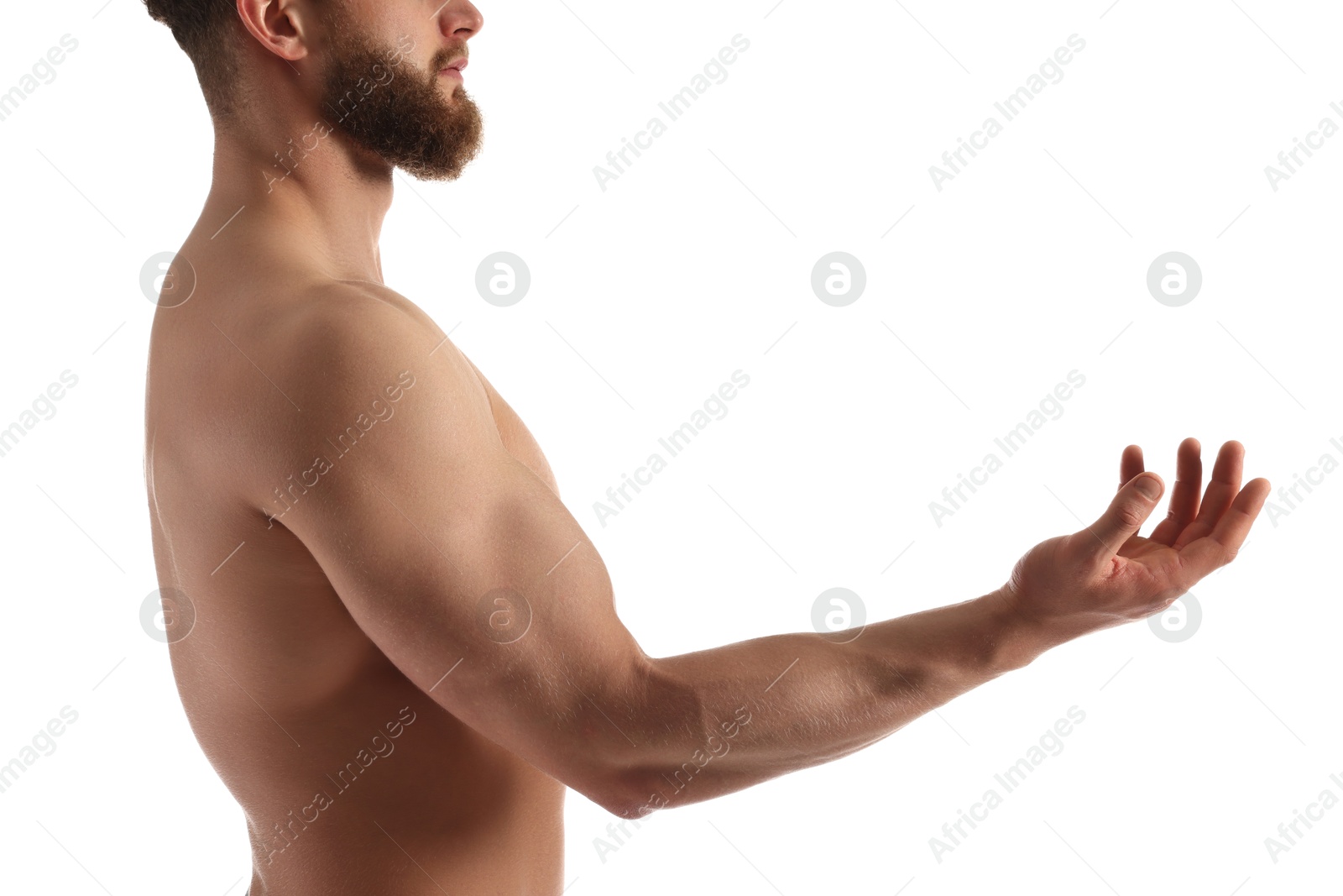 Photo of Man with muscular body on white background, closeup