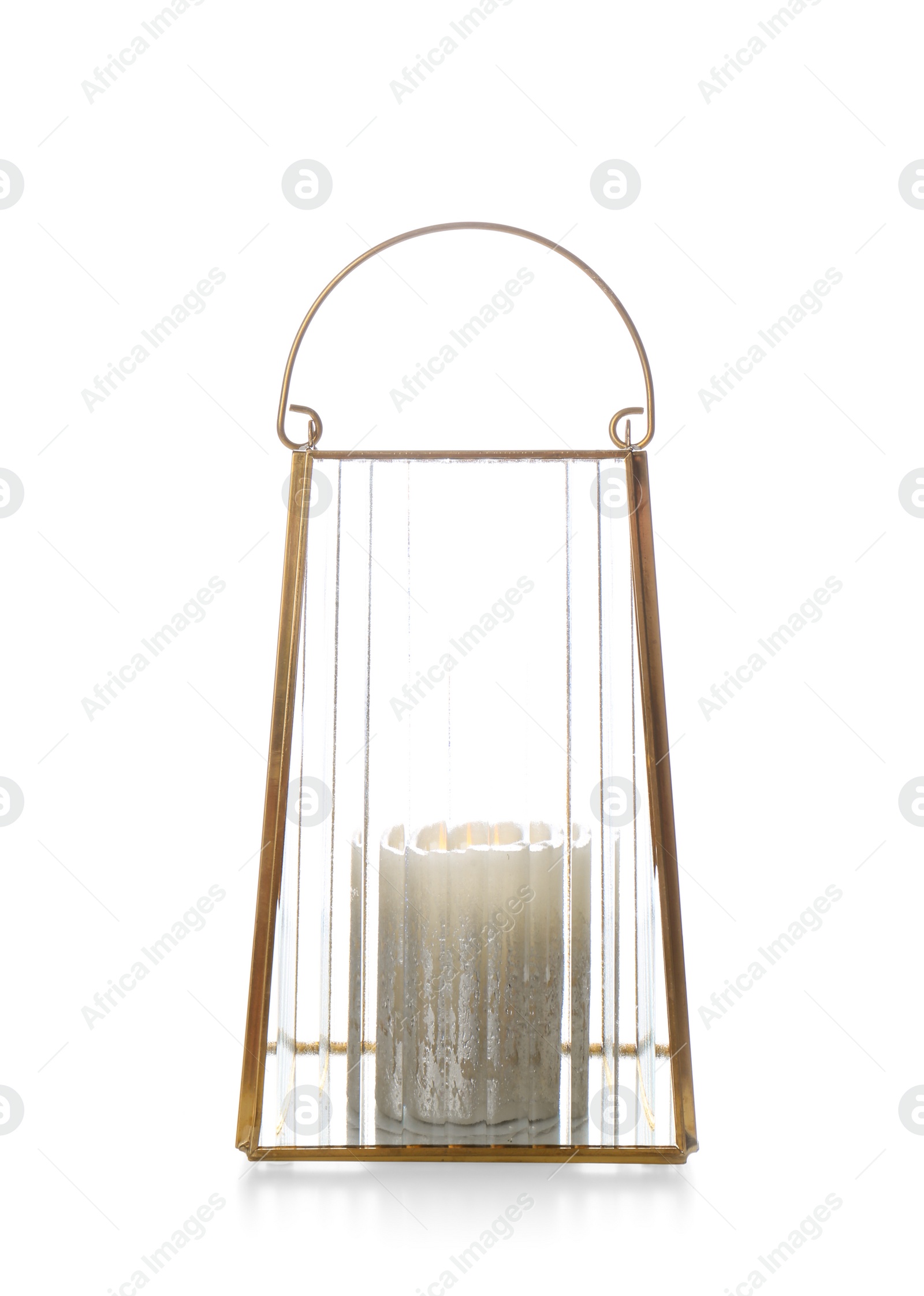 Photo of Stylish glass holder with candle isolated on white