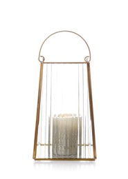 Photo of Stylish glass holder with candle isolated on white