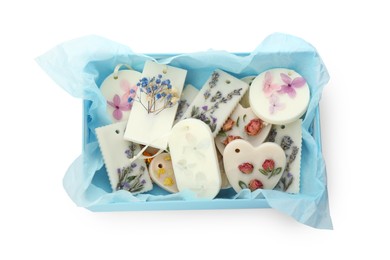 Photo of Beautiful scented sachets in box on white background, top view