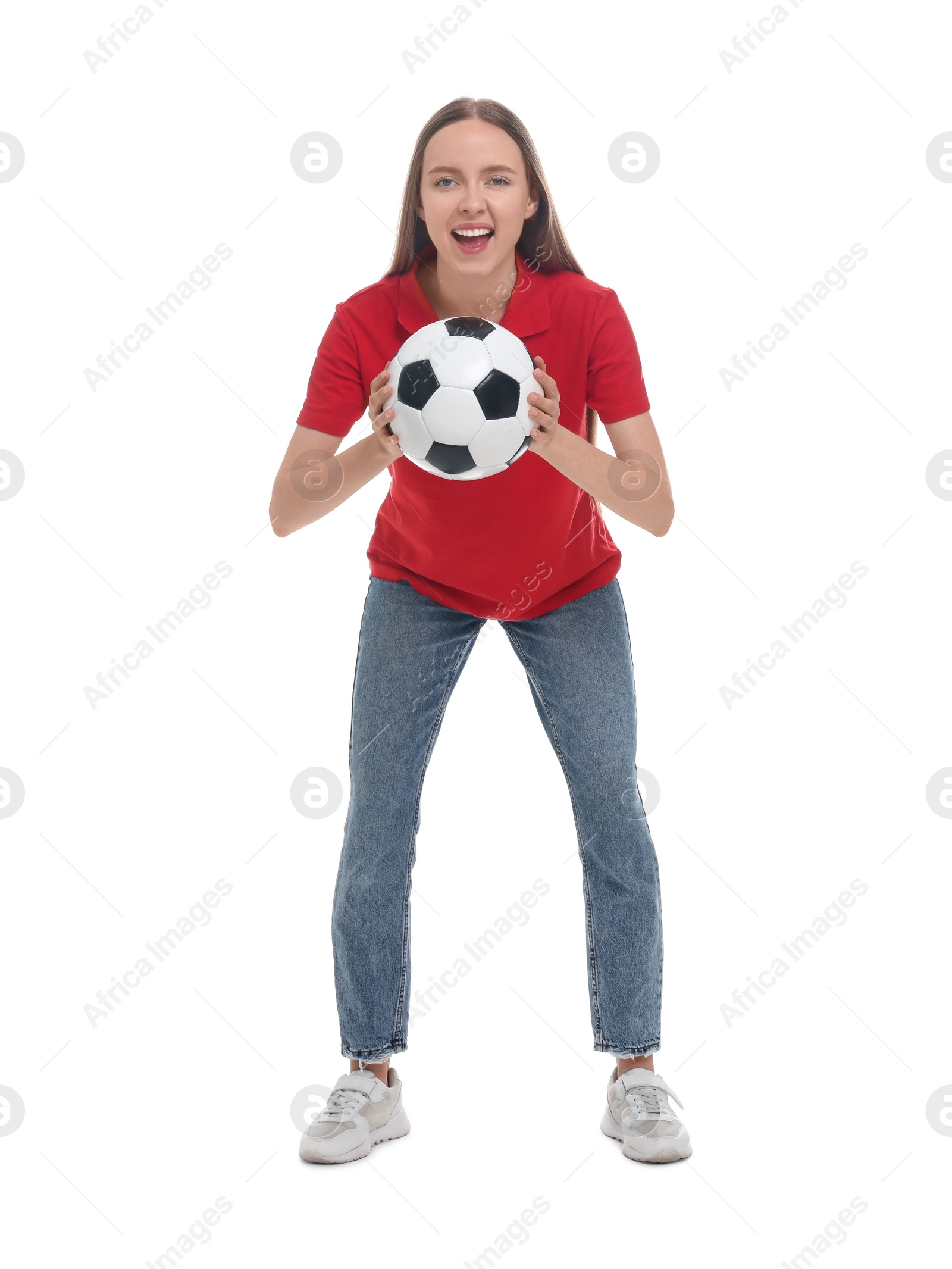 Photo of Emotional sports fan with ball on white background