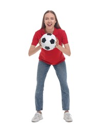 Photo of Emotional sports fan with ball on white background
