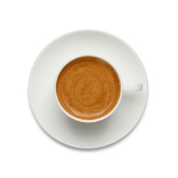 Photo of Cup of aromatic hot coffee on white background, top view