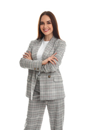 Photo of Portrait of happy businesswoman on white background