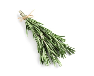 Photo of Fresh rosemary twigs tied with twine on white background