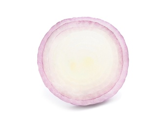 Photo of Fresh slice of red onion on white background