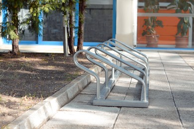 Metal bicycle parking rack on city street