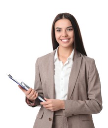 Photo of Real estate agent with clipboard on white background