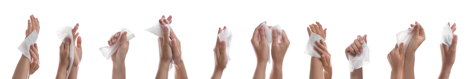 Image of Closeup view of people cleaning hands with wet wipes on white background, collage. Banner design