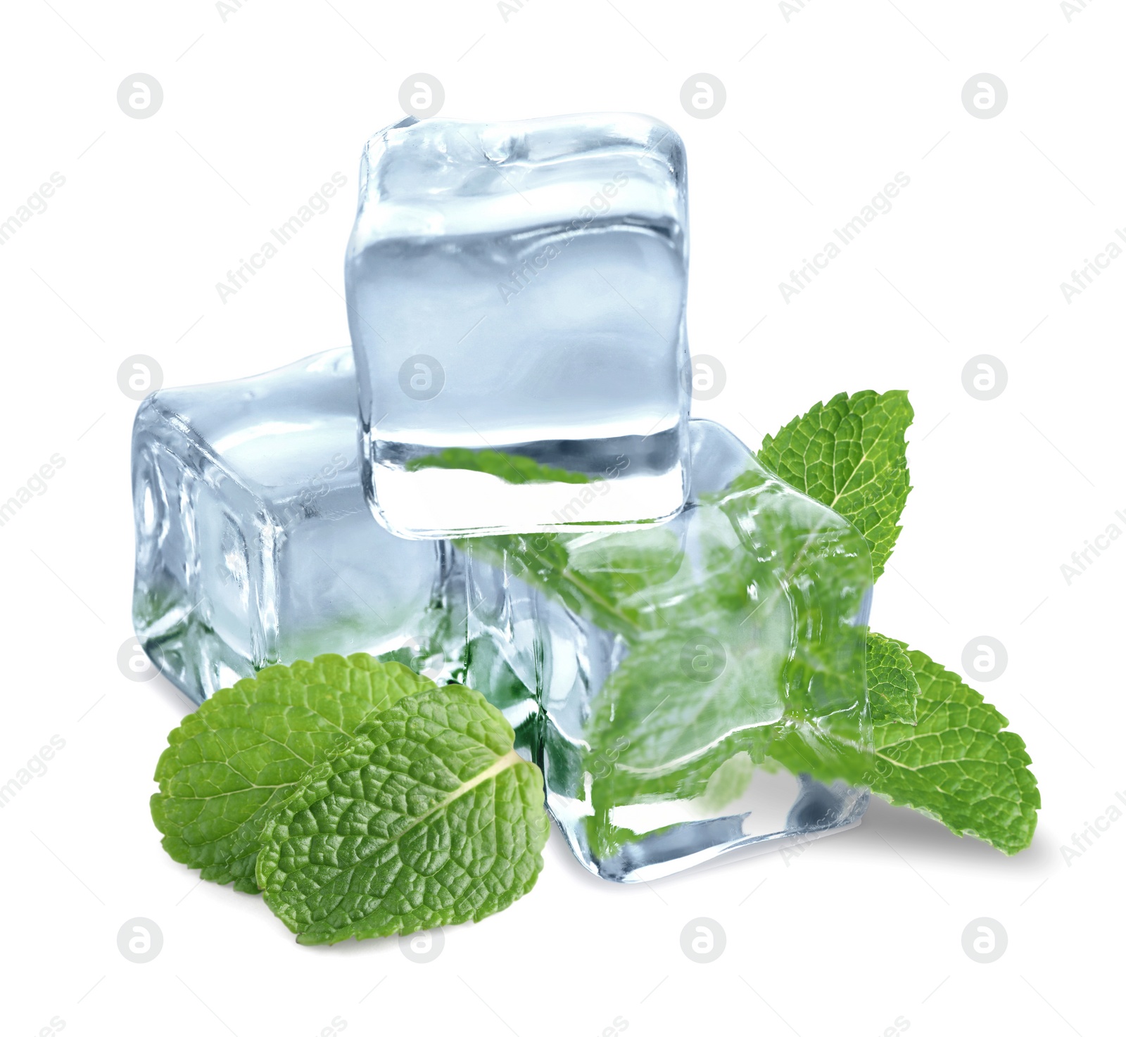 Image of Green mint and ice cubes isolated on white