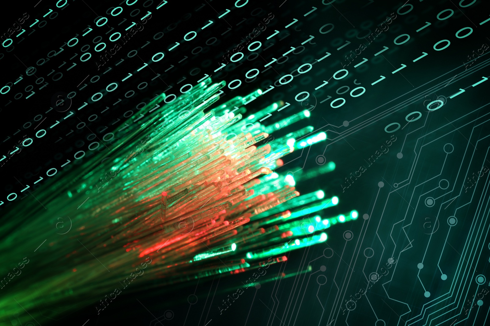 Image of Optical fiber strands, binary code and circuit board, multiple exposure