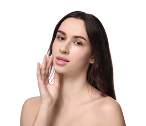 Portrait of beautiful young woman on white background