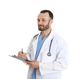 Photo of Portrait of male doctor with clipboard isolated on white. Medical staff