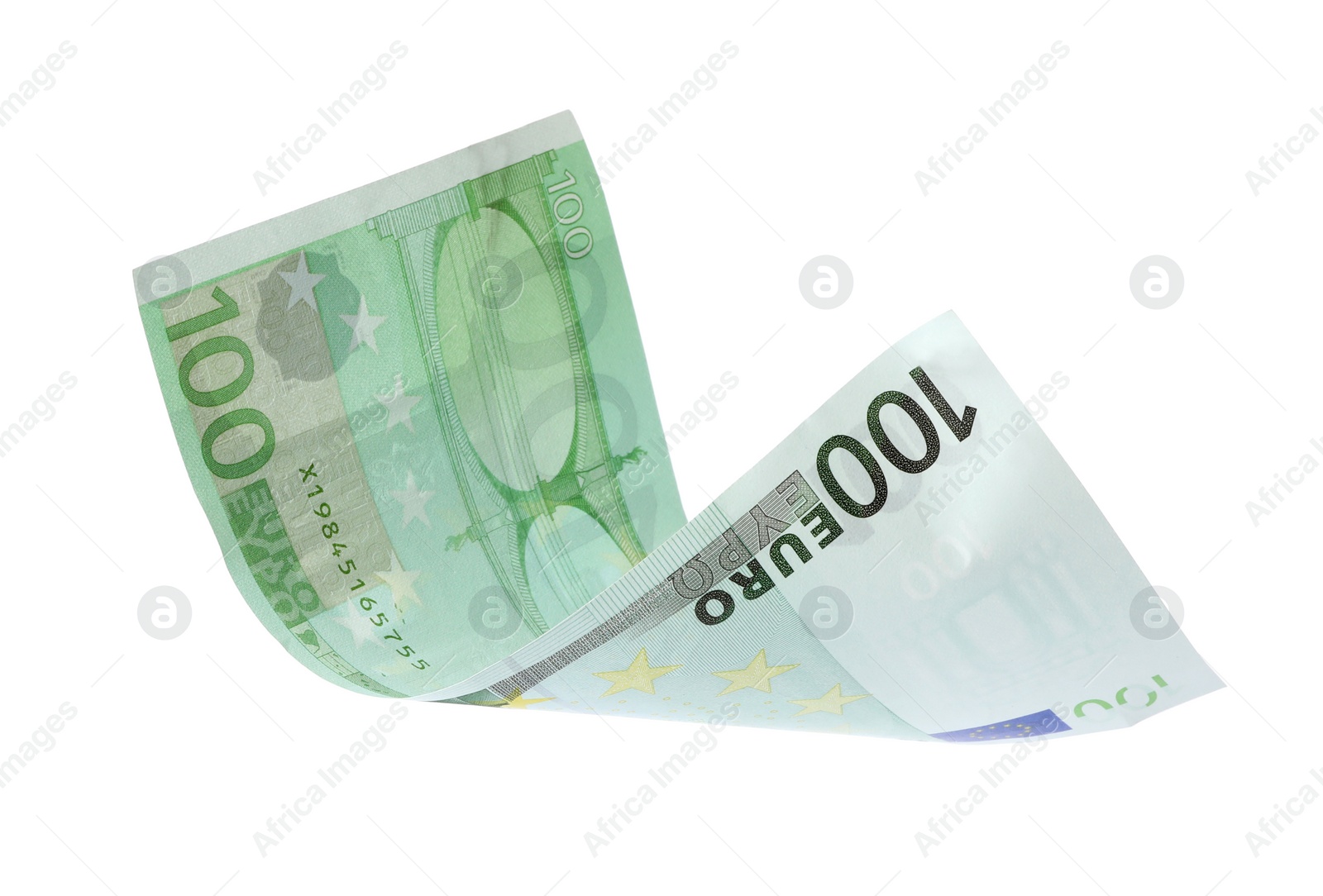 Photo of Flying one hundred Euro banknote isolated on white