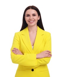 Beautiful happy businesswoman in yellow suit on white background