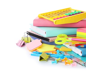 Photo of Different colorful stationery on white background. Back to school