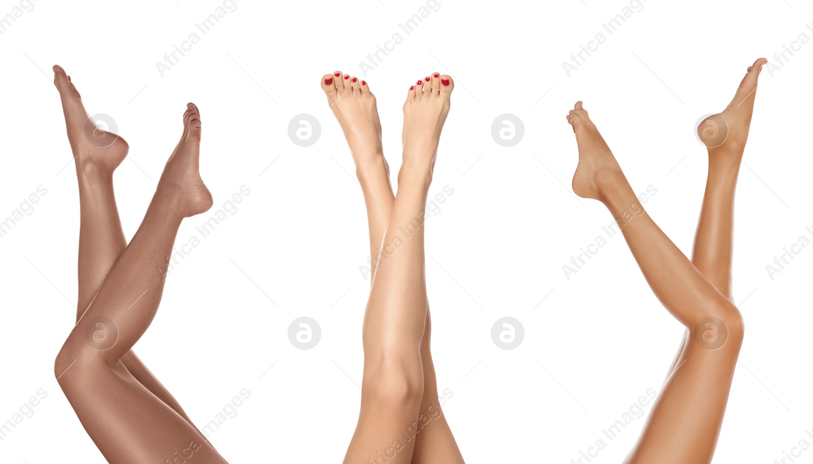 Image of Women with beautiful legs on white background, closeup. Collage of photos showing stages of suntanning