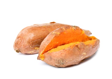 Photo of Delicious baked sweet potatoes on white background