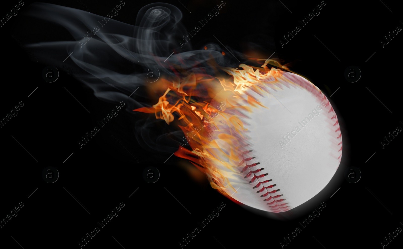 Image of Burning baseball ball flying at high speed on black background