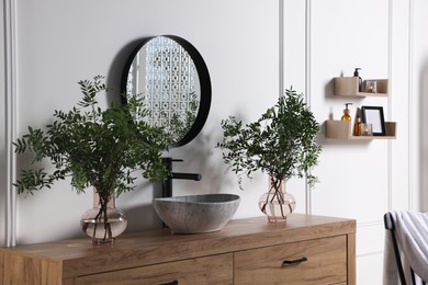 Photo of Eucalyptus branches near vessel sink on bathroom vanity. Interior design