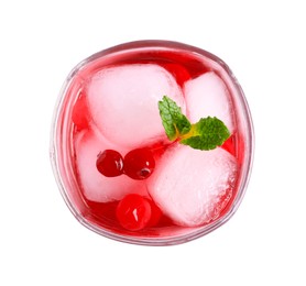 Photo of Tasty cranberry juice with ice cubes and mint in glass isolated on white, top view