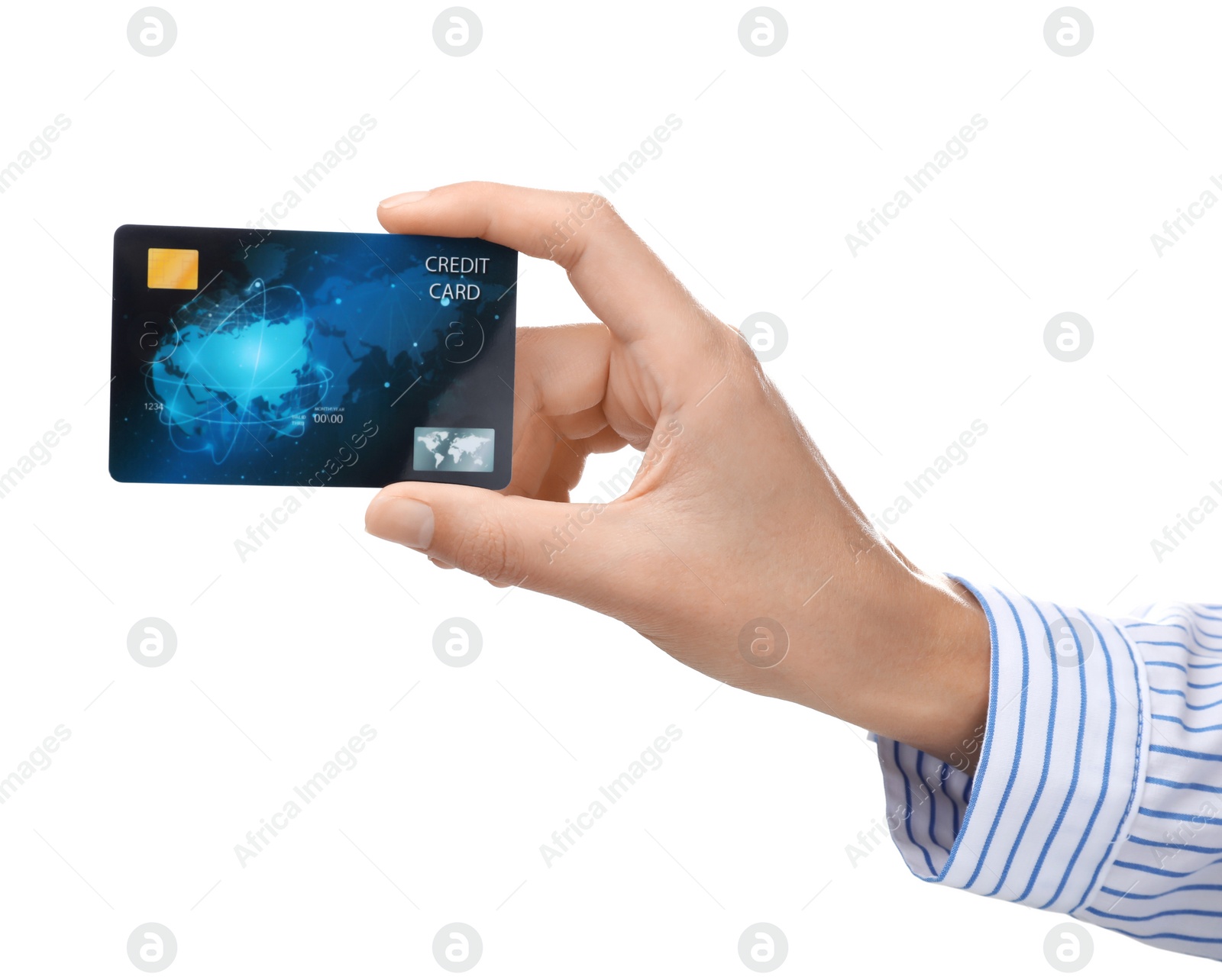 Photo of Woman holding credit card on white background