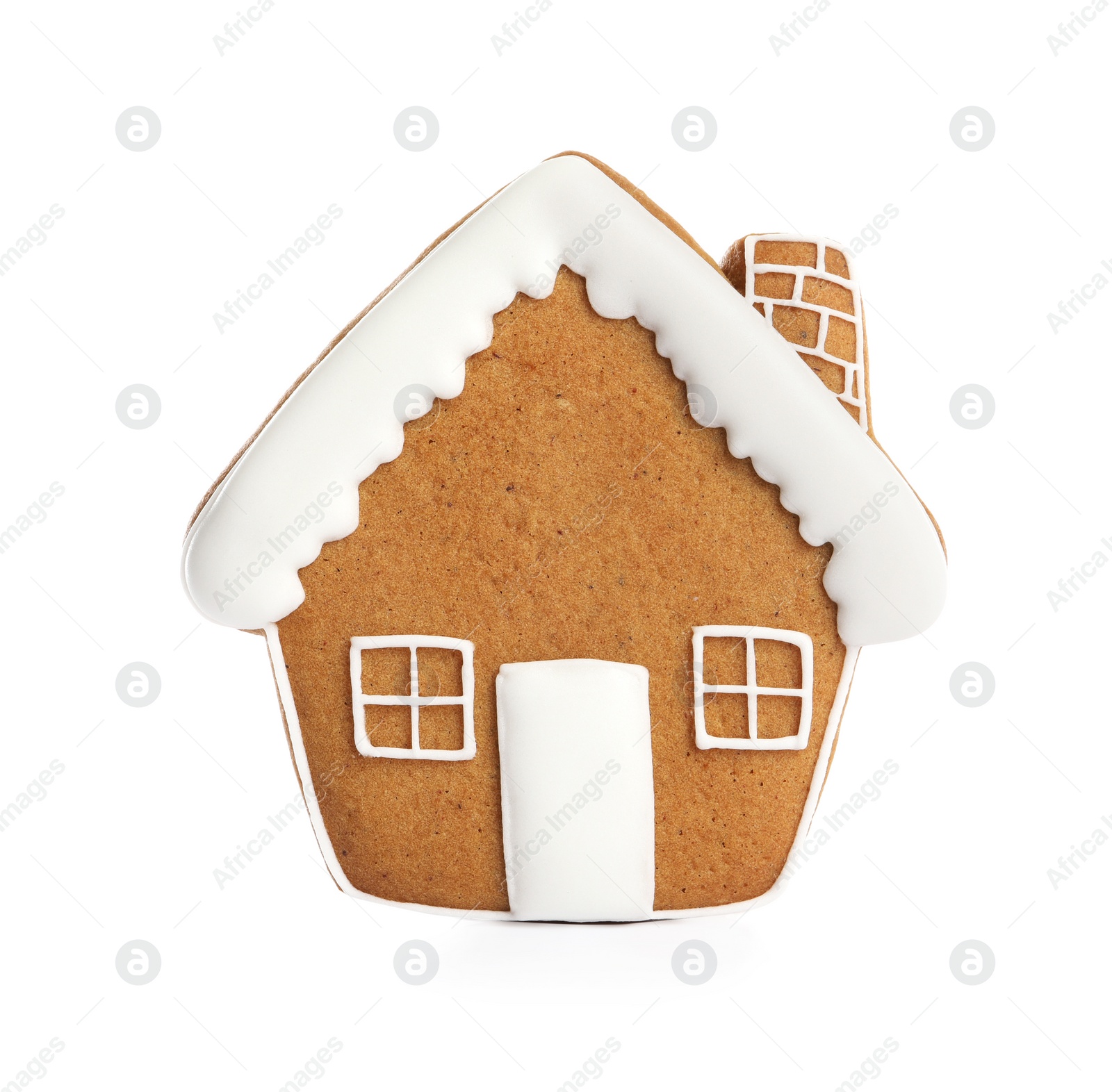 Photo of Tasty gingerbread cookie in shape of house on white background. St. Nicholas Day celebration