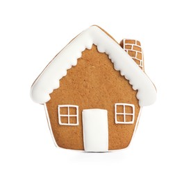 Photo of Tasty gingerbread cookie in shape of house on white background. St. Nicholas Day celebration