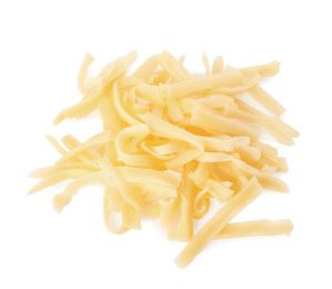 Photo of Pile of grated cheese isolated on white, top view